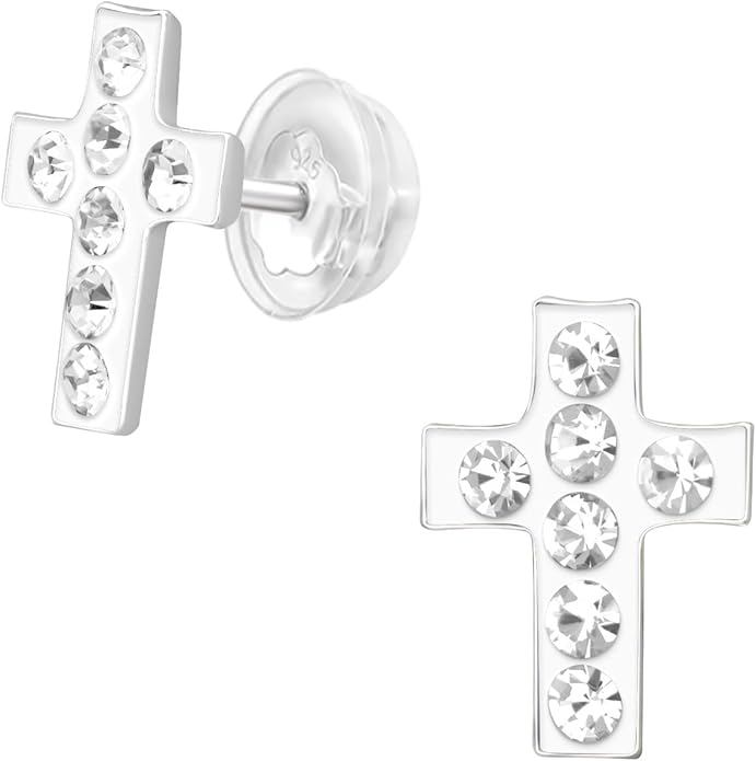 Clear Crystal Cross Stud Earrings - 925 Sterling Silver
