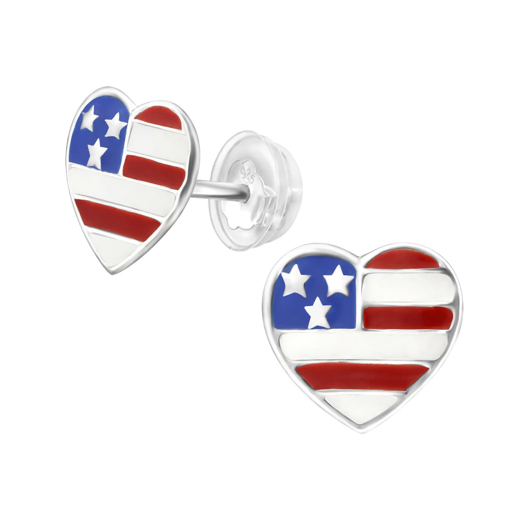 Heart American Flag Stud Earrings - 925 Sterling Silver
