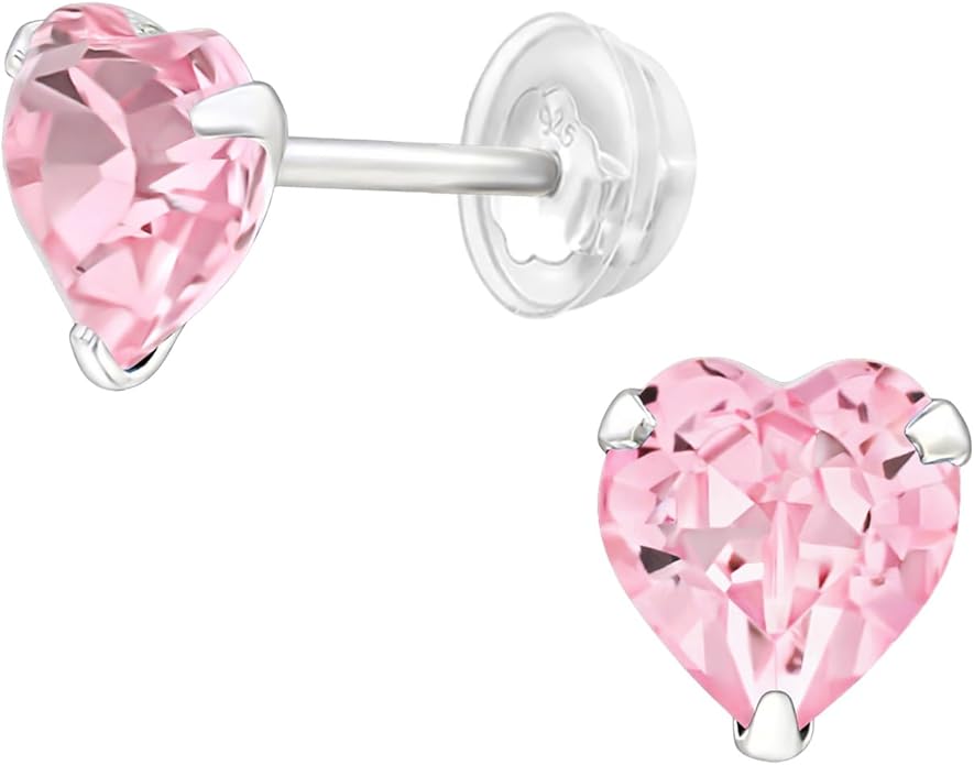 Pink Crystal Heart Stud Earrings - 925 Sterling Silver