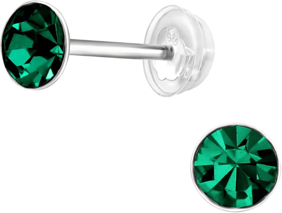 May Emerald Crystal Birthstone Stud Earrings - 925 Sterling Silver