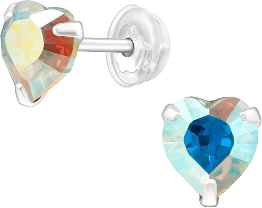 Aurora Borealis Crystal Heart Stud Earrings - 925 Sterling Silver
