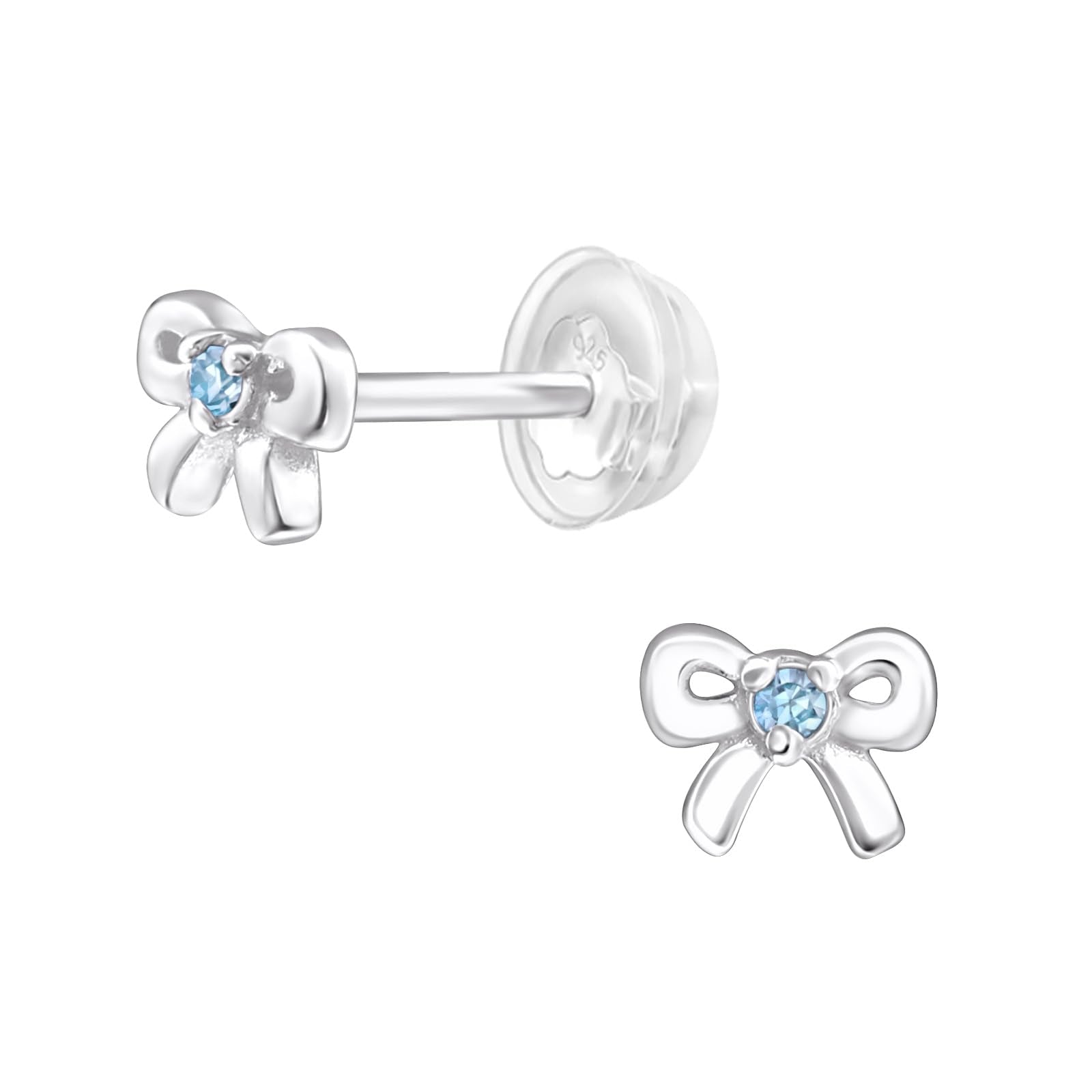 March Crystal Birthstone Bow Stud Earrings - 925 Sterling Silver