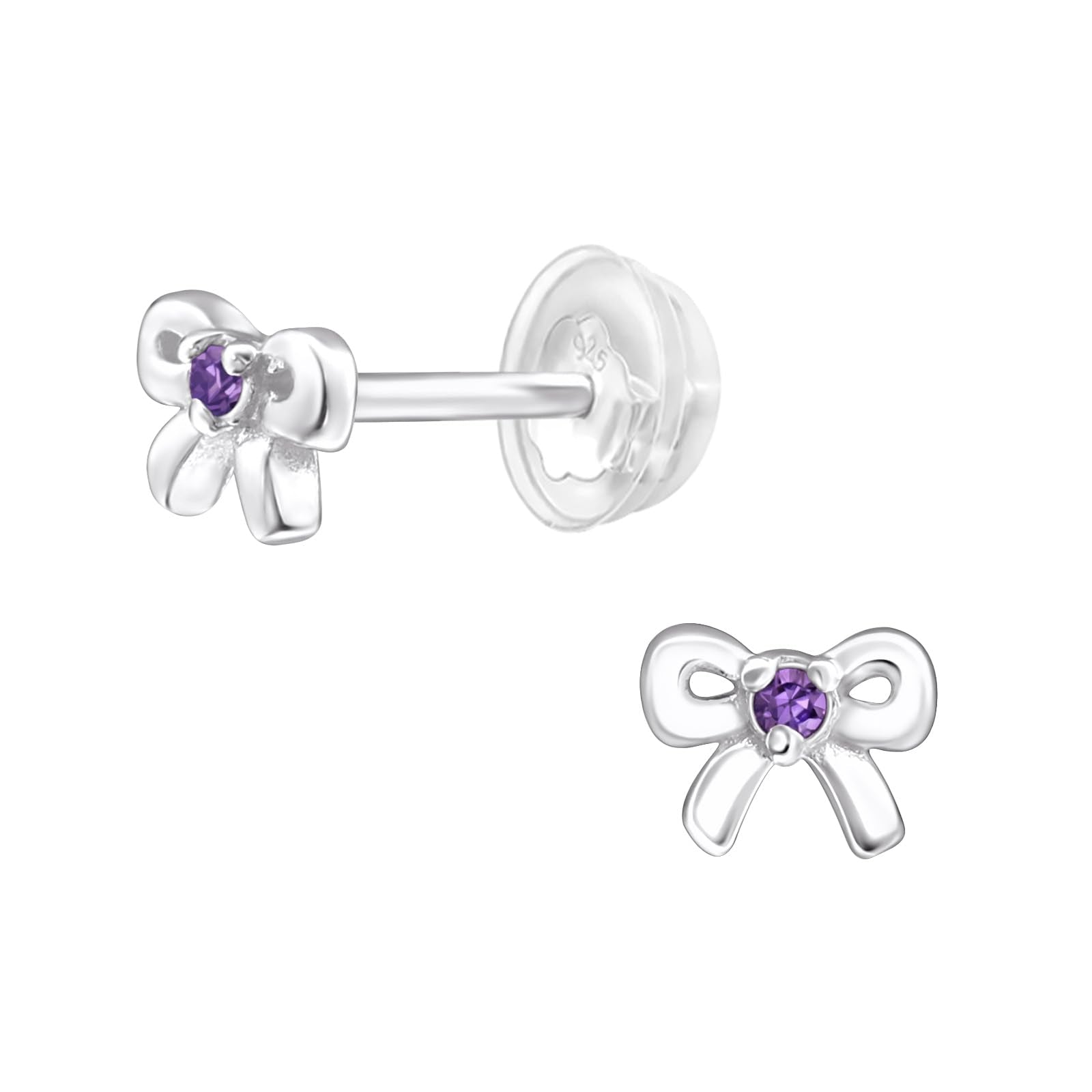 February Crystal Birthstone Bow Stud Earrings - 925 Sterling Silver