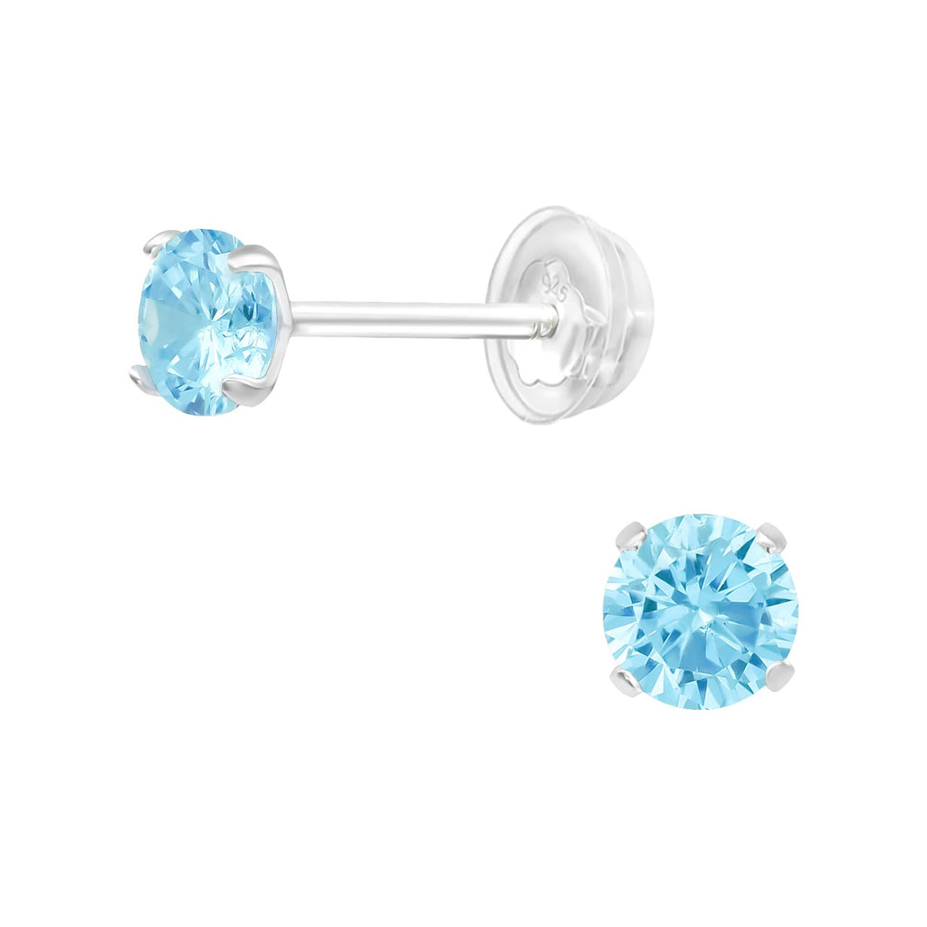 March Aqua Crystal Birthstone Stud Earrings - 925 Sterling Silver