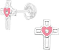 Pink Heart Cross Stud Earrings - 925 Sterling Silver