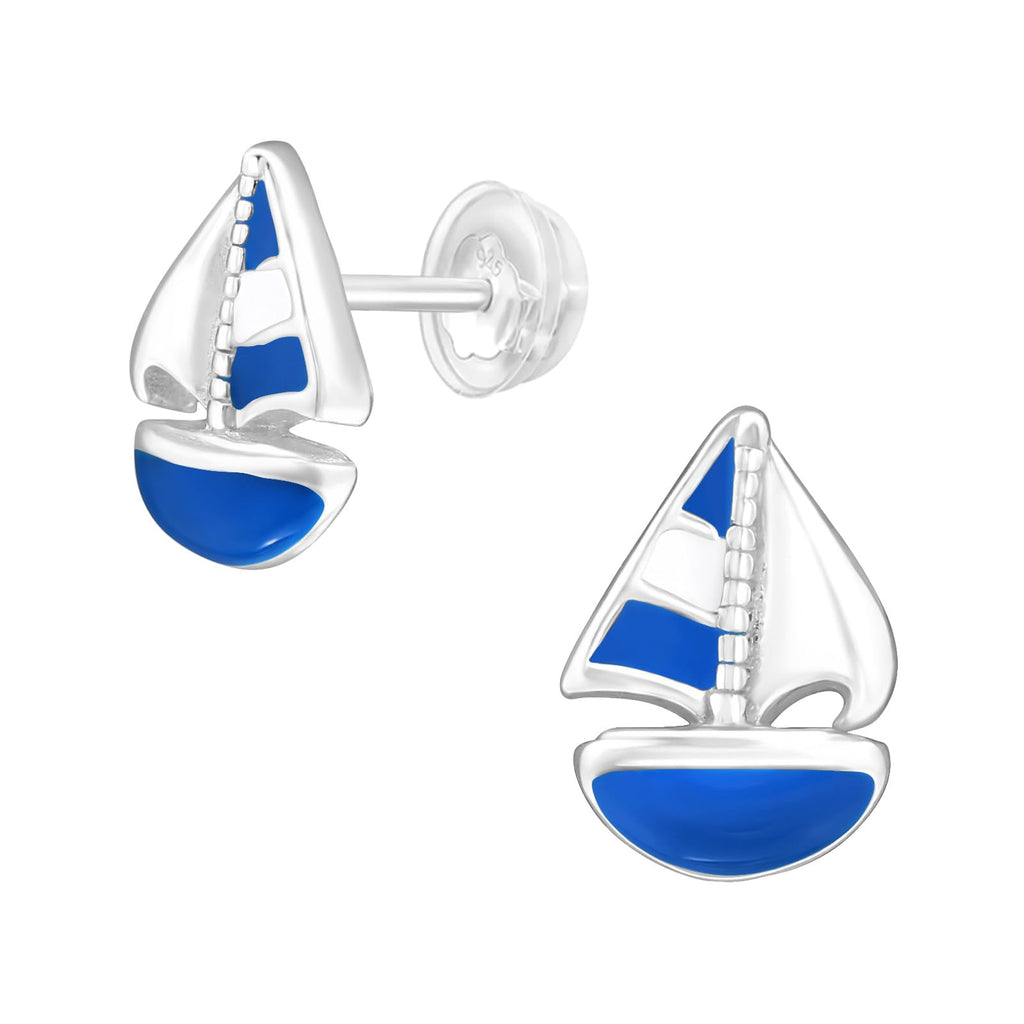 Blue Boats Nautical Stud Earrings - 925 Sterling Silver