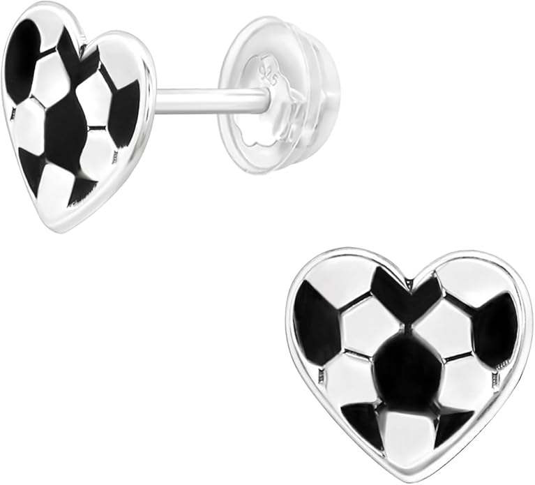 Soccer Hearts Sports Stud Earrings - 925 Sterling Silver