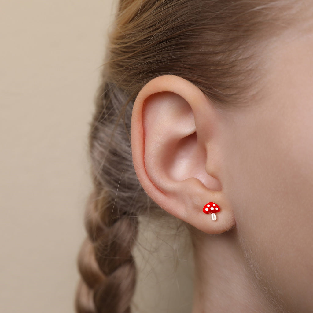 Red Mushroom Stud Earrings - 925 Sterling Silver