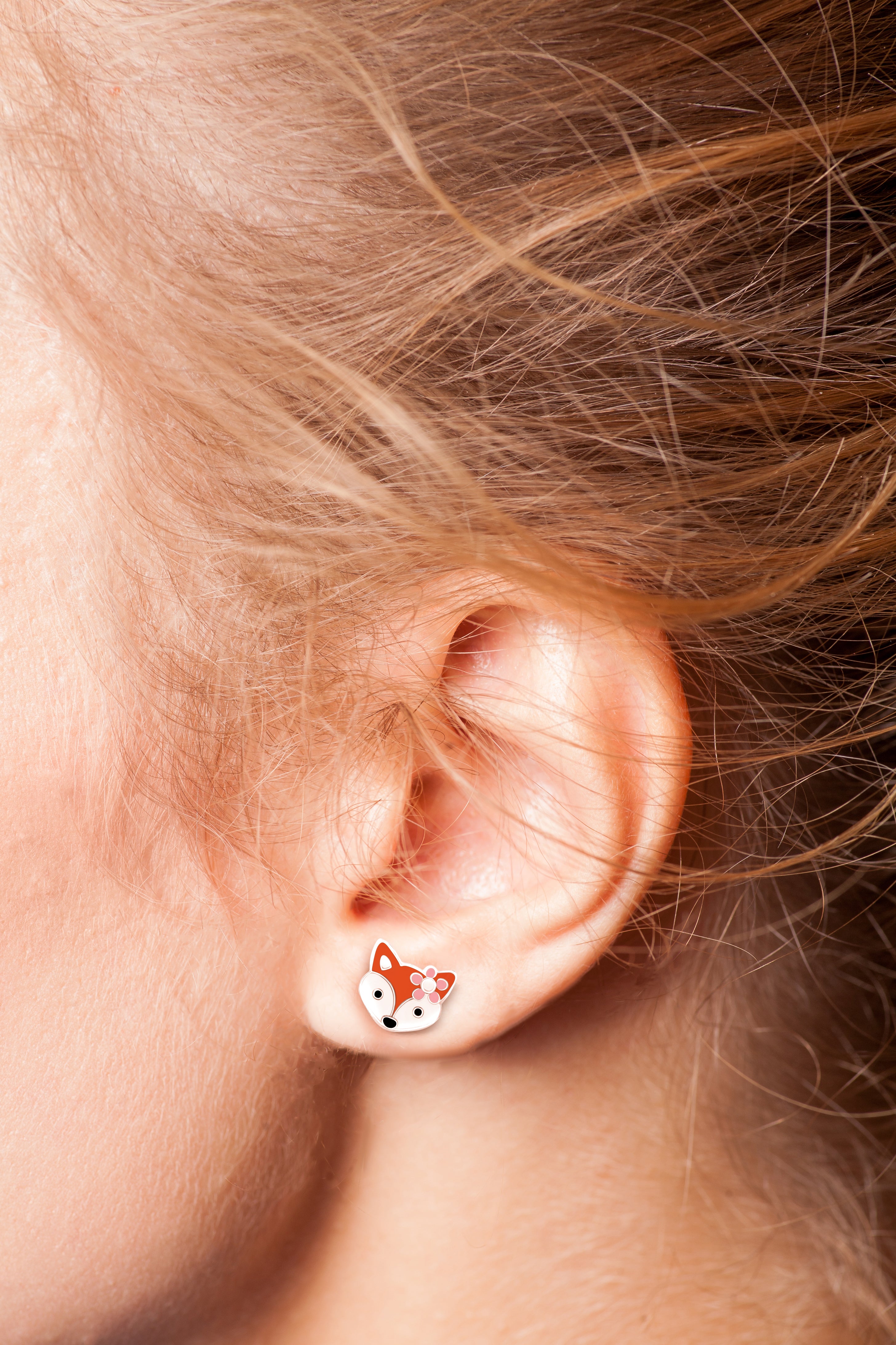 Fox Face with Pink Flower Stud Earrings - 925 Sterling Silver