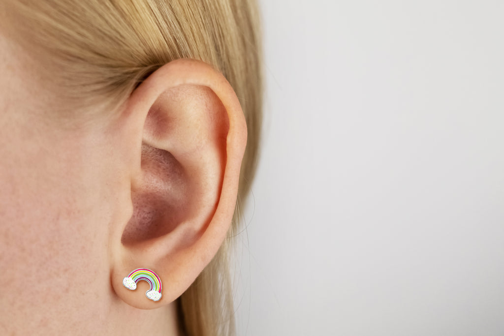 Pink Glitter Rainbow Stud Earrings - 925 Sterling Silver