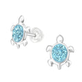 Aqua Crystal Turtle Stud Earrings - 925 Sterling Silver