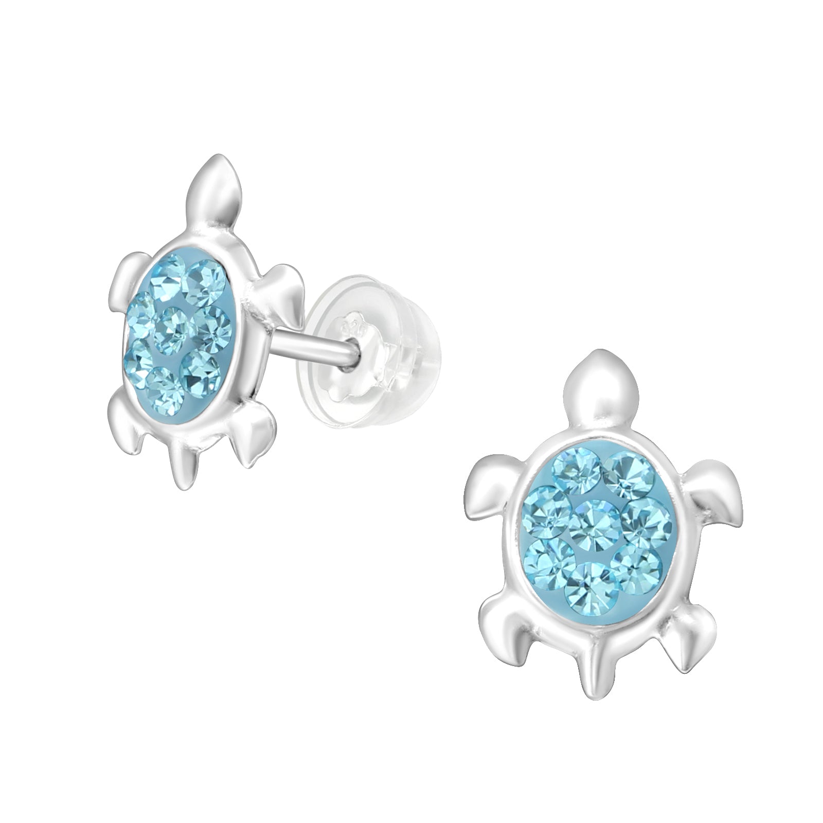 Aqua Crystal Turtle Stud Earrings - 925 Sterling Silver