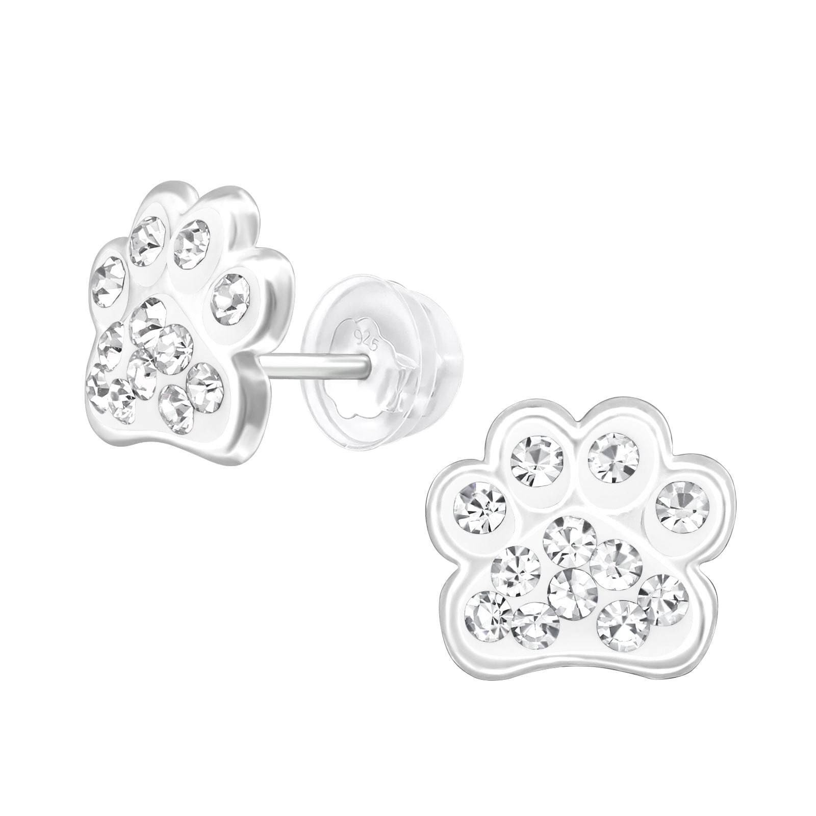 Pink Crystal Dog Paw Stud Earrings - 925 Sterling Silver