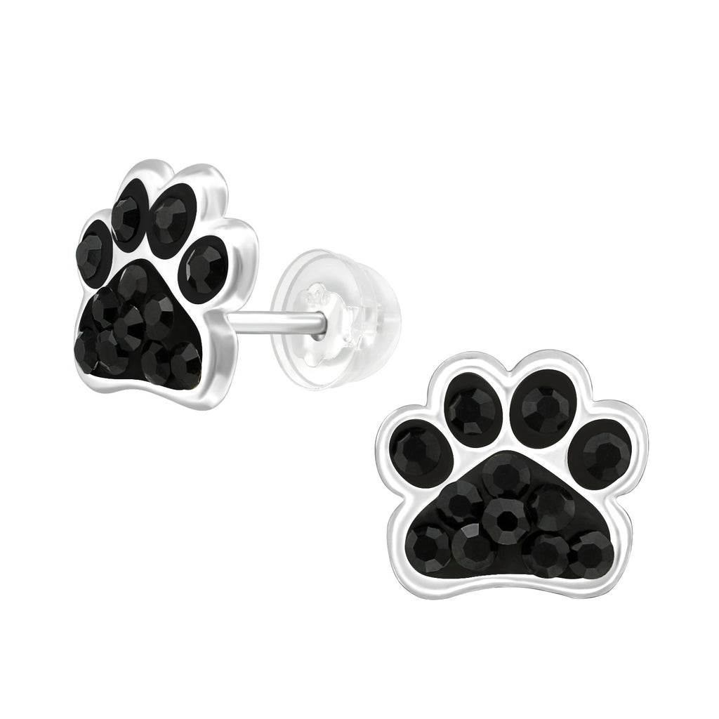 Pink Crystal Dog Paw Stud Earrings - 925 Sterling Silver