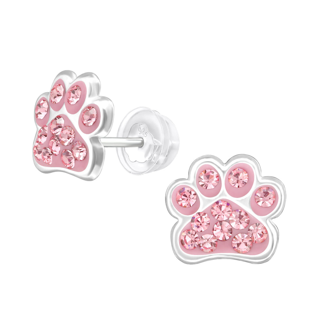 Pink Crystal Dog Paw Stud Earrings - 925 Sterling Silver