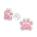 Pink Crystal Dog Paw Stud Earrings - 925 Sterling Silver