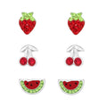 Set of 3 Pairs Strawberries, Cherries, and Watermelon Fruit Stud Earrings - 925 Sterling Silver