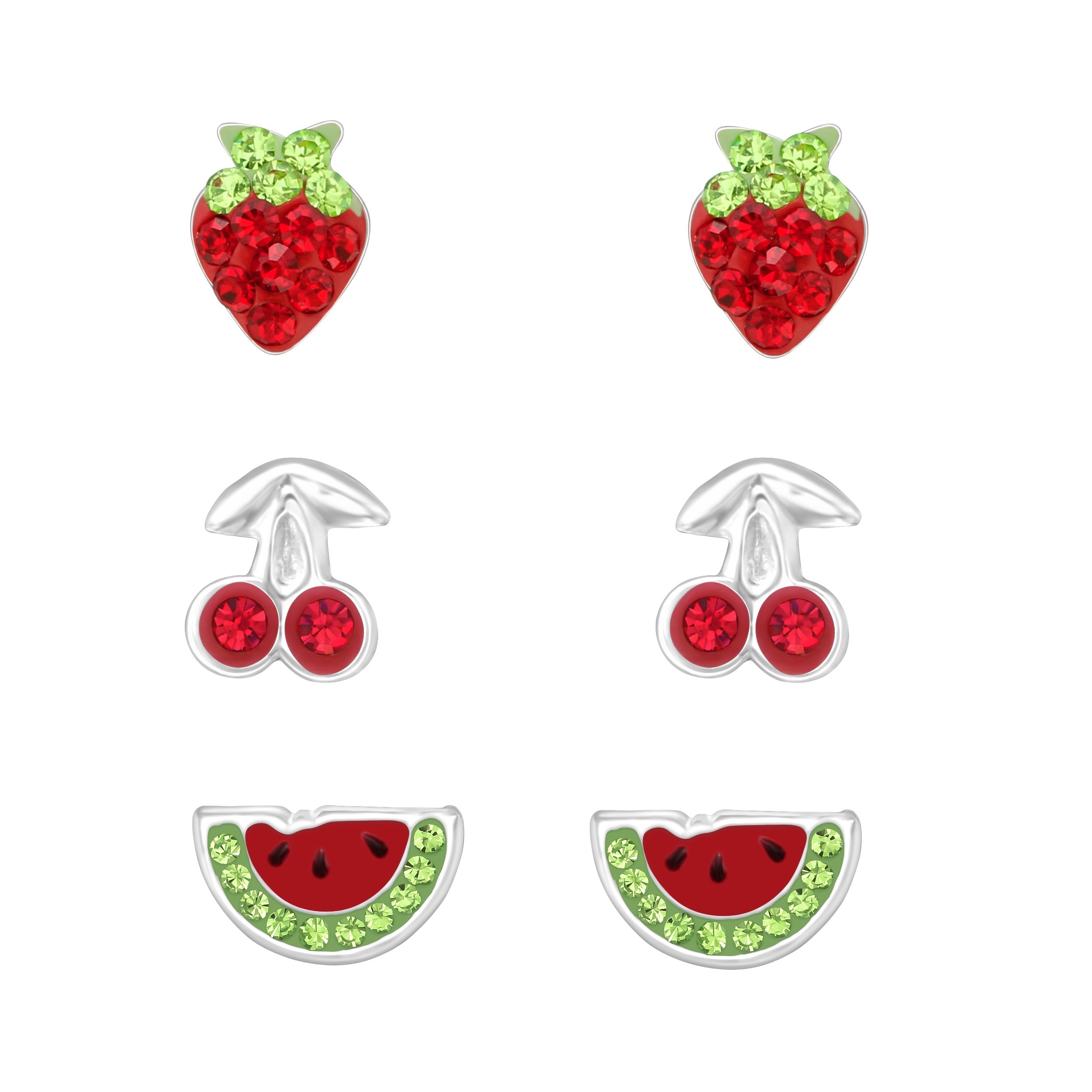 Set of 3 Pairs Strawberries, Cherries, and Watermelon Fruit Stud Earrings - 925 Sterling Silver