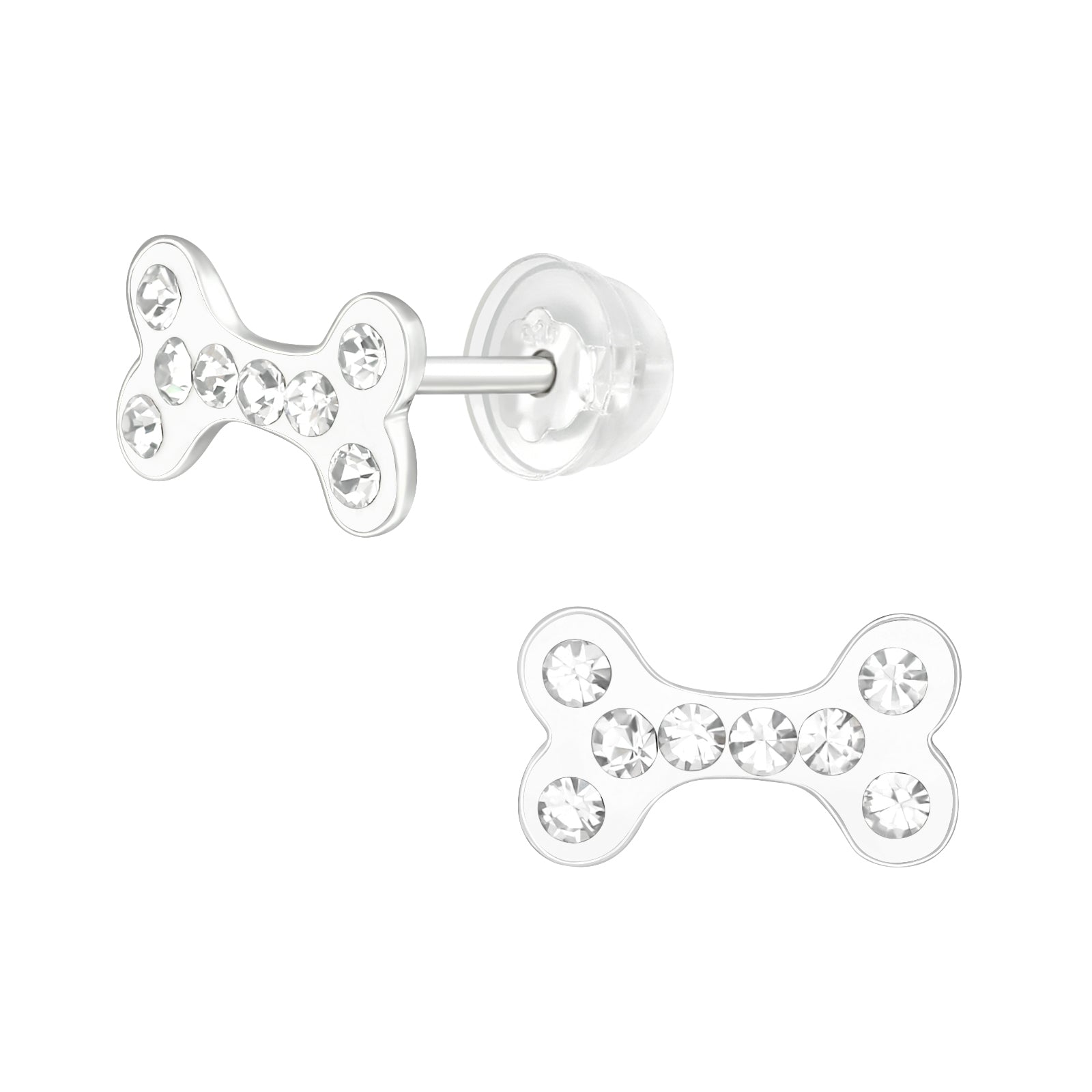 Crystal Dog Bone Stud Earrings - 925 Sterling Silver