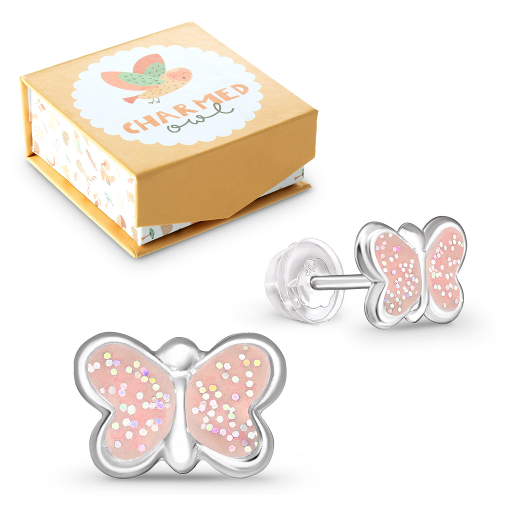 Pink Glitter Epoxy Butterfly Children's Stud Earrings - 925 Sterling Silver