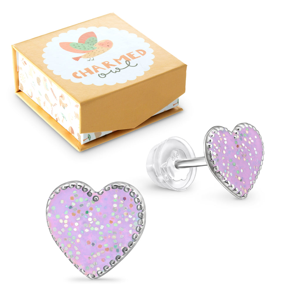 Purple Glitter Heart Stud Earrings - 925 Sterling Silver