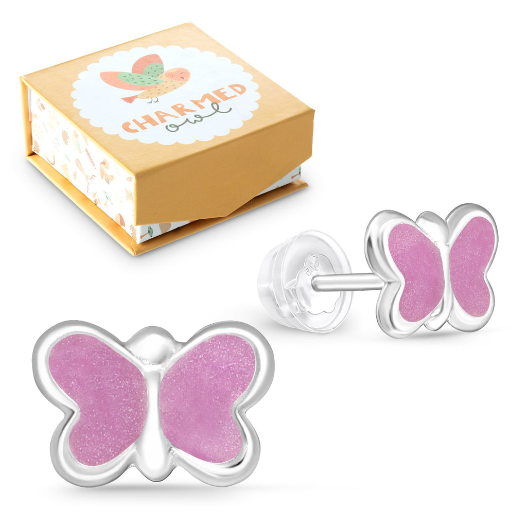 Purple Shimmer Epoxy Butterfly Children's Stud Earrings - 925 Sterling Silver