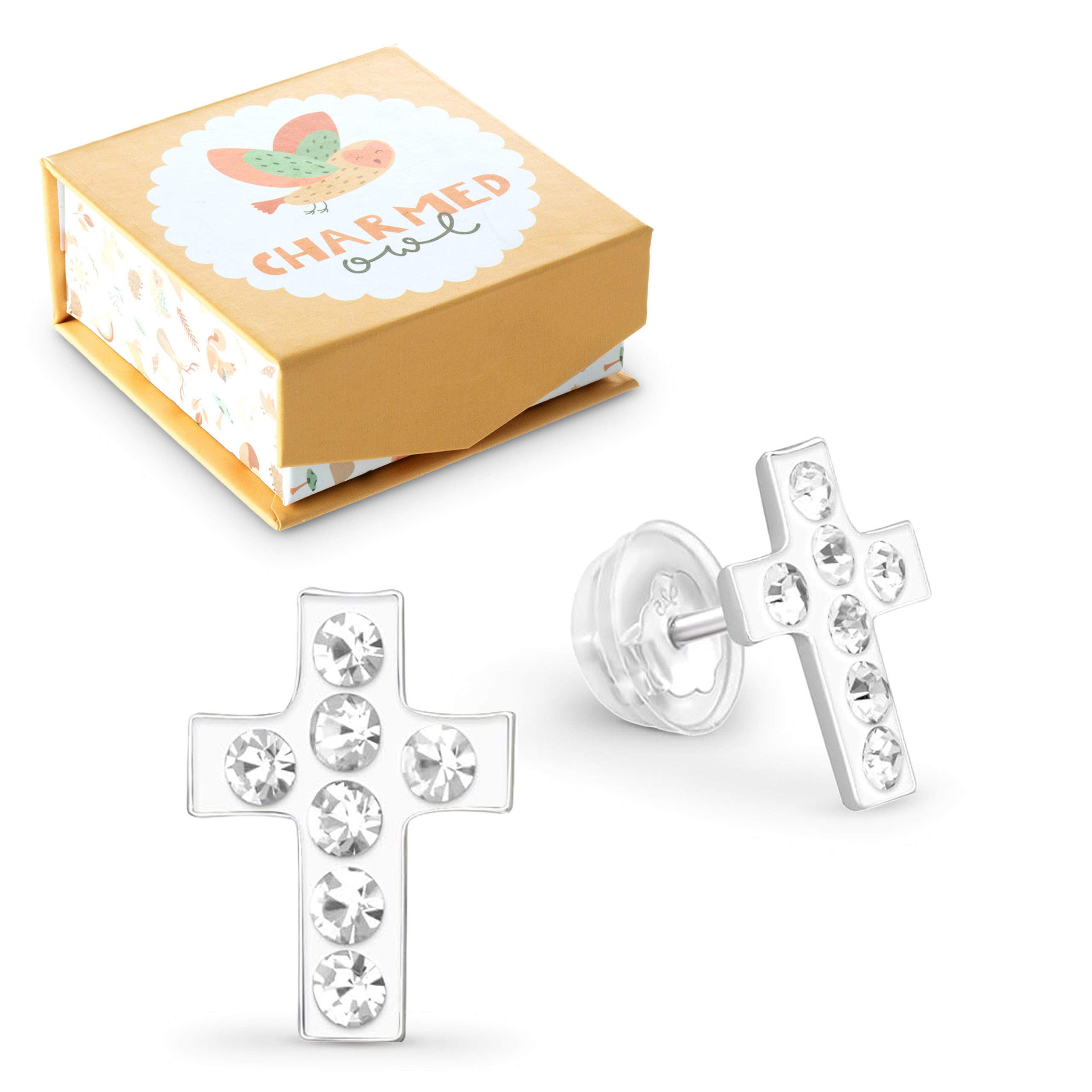 Clear Crystal Cross Stud Earrings - 925 Sterling Silver