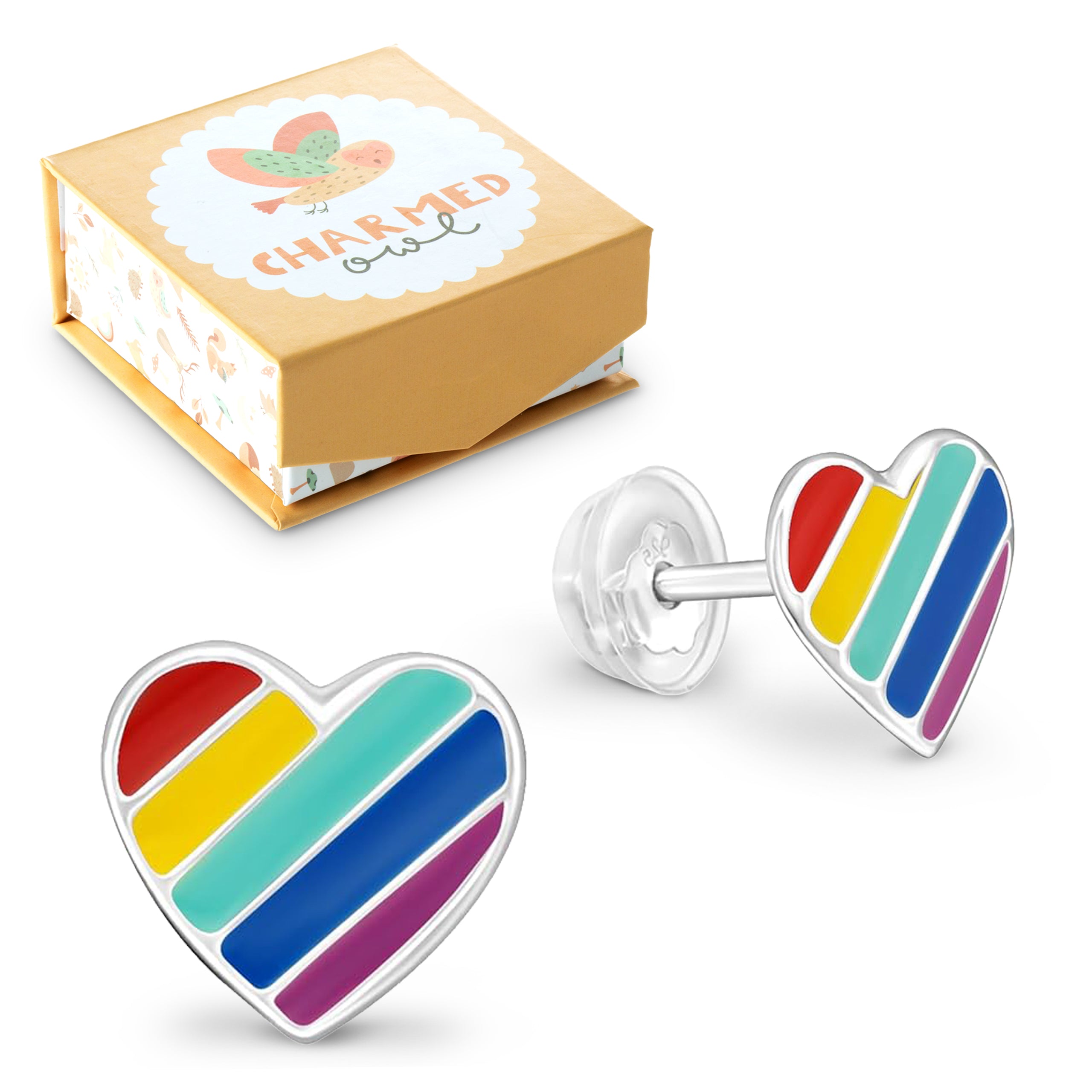 Rainbow Hearts Stud Earrings - 925 Sterling Silver