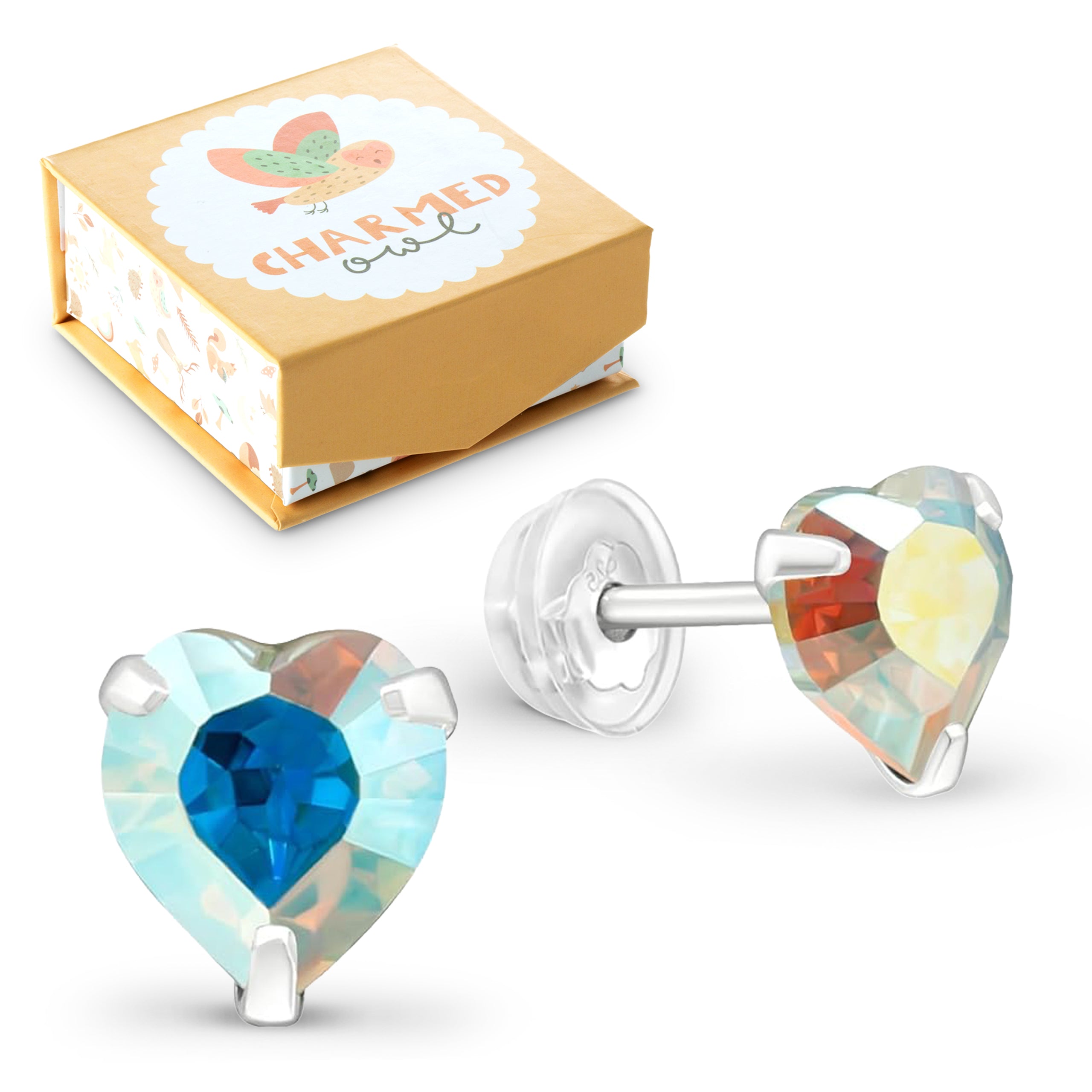 Aurora Borealis Crystal Heart Stud Earrings - 925 Sterling Silver