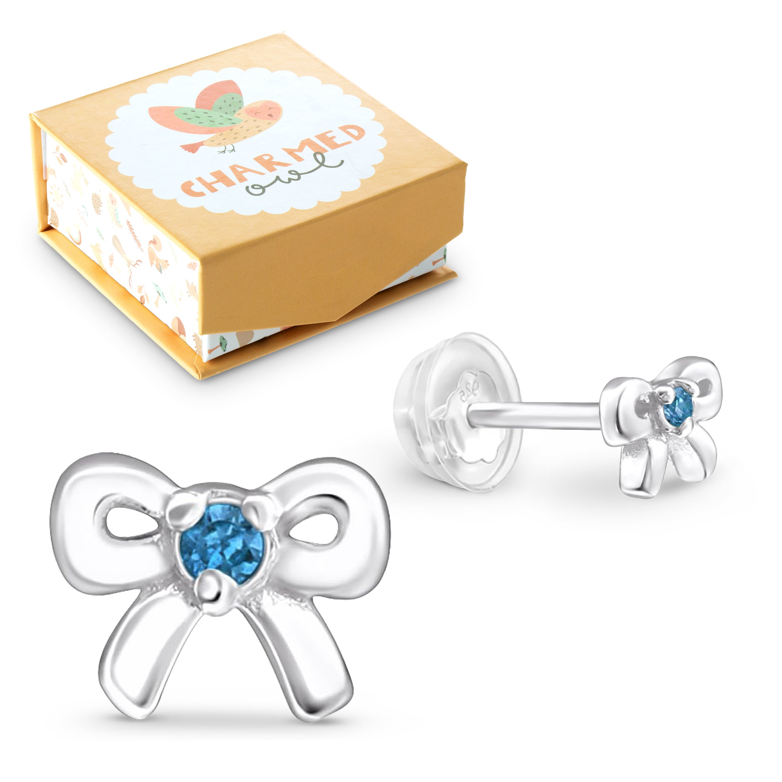 December Crystal Birthstone Bow Stud Earrings - 925 Sterling Silver