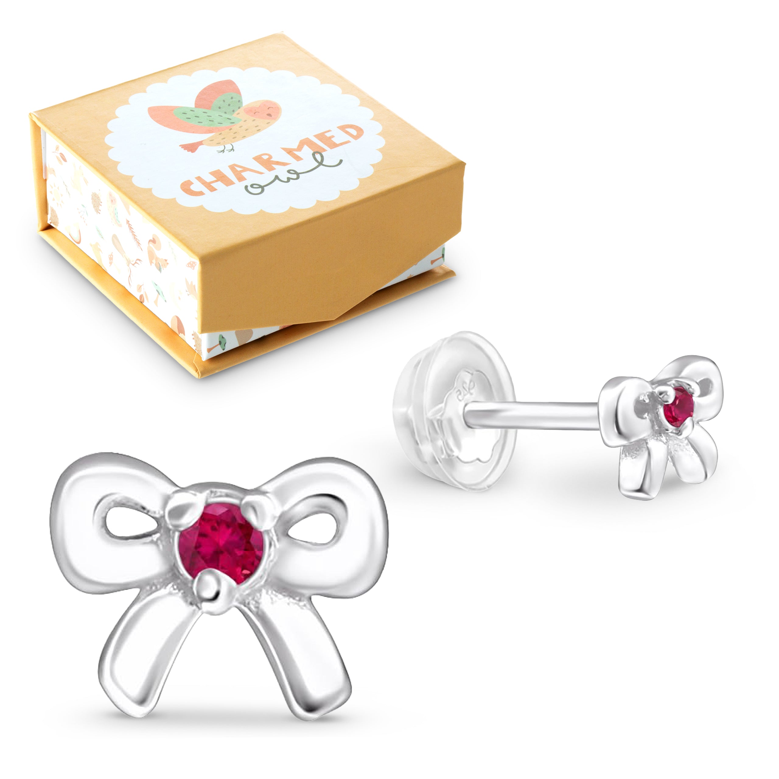 July Crystal Birthstone Bow Stud Earrings - 925 Sterling Silver