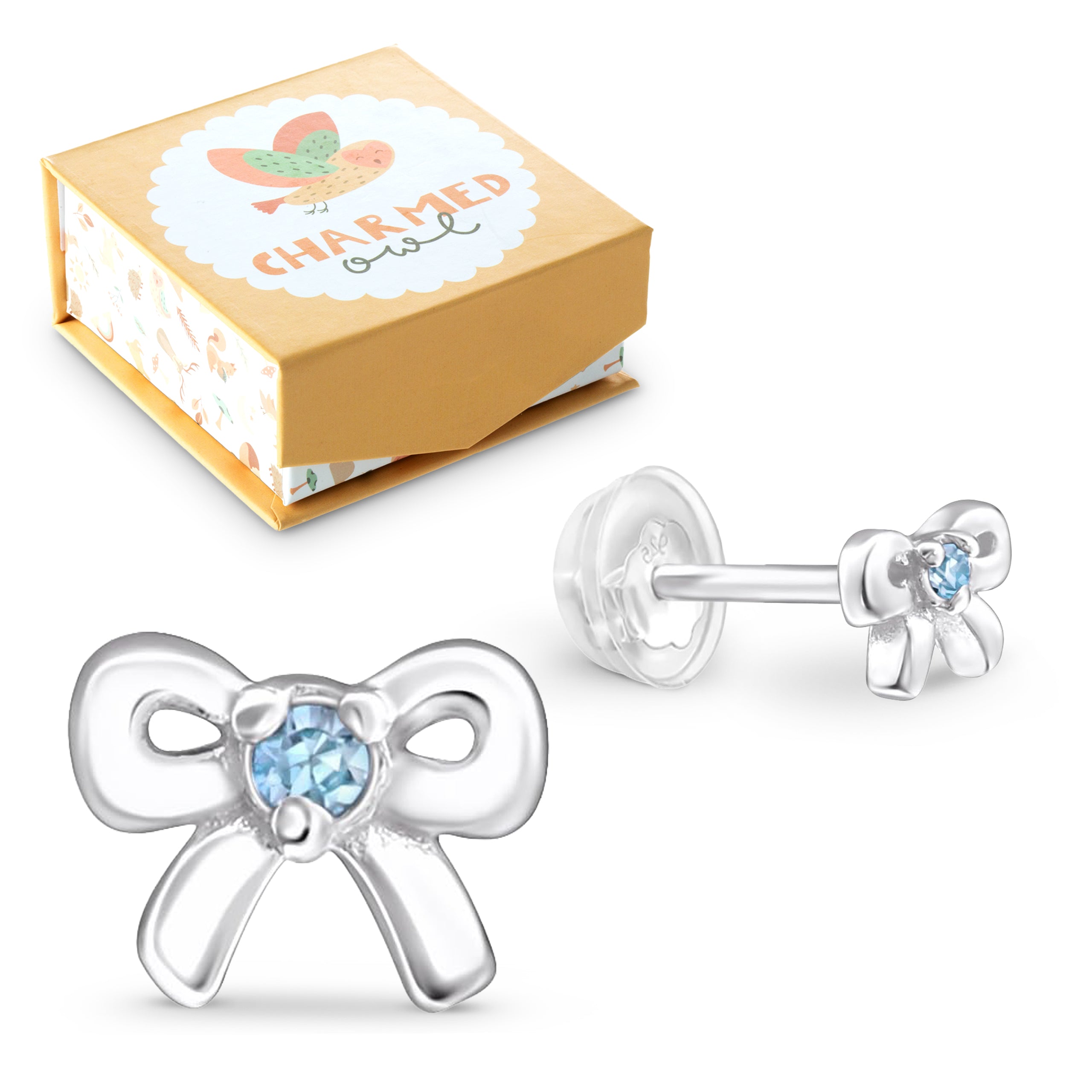 March Crystal Birthstone Bow Stud Earrings - 925 Sterling Silver