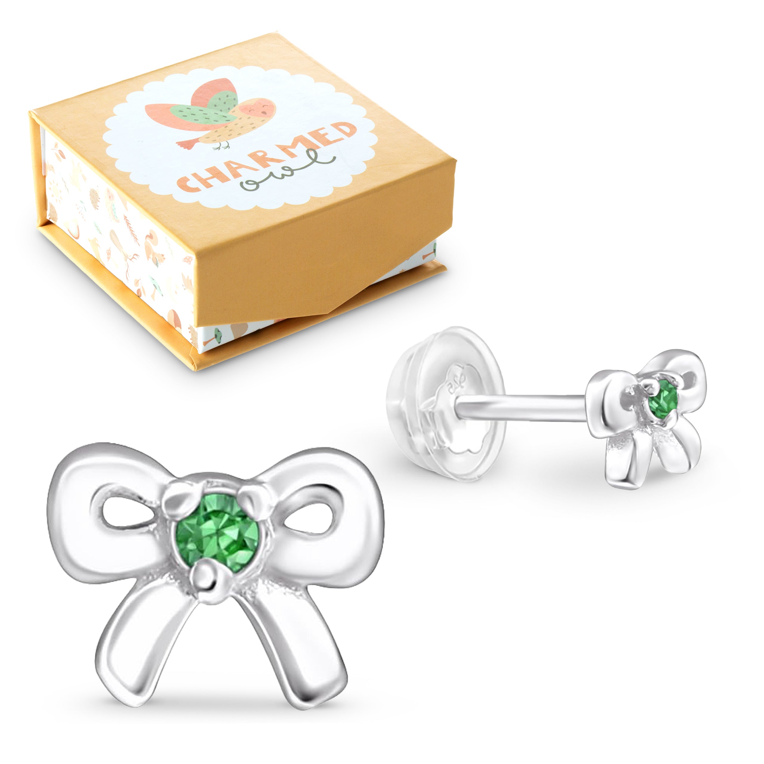 May Crystal Birthstone Bow Stud Earrings - 925 Sterling Silver