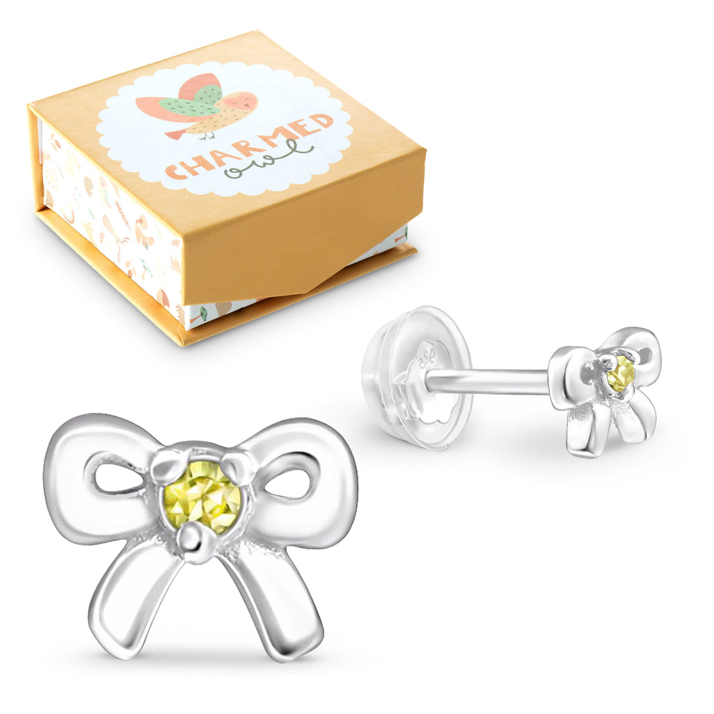 November Crystal Birthstone Bow Stud Earrings - 925 Sterling Silver