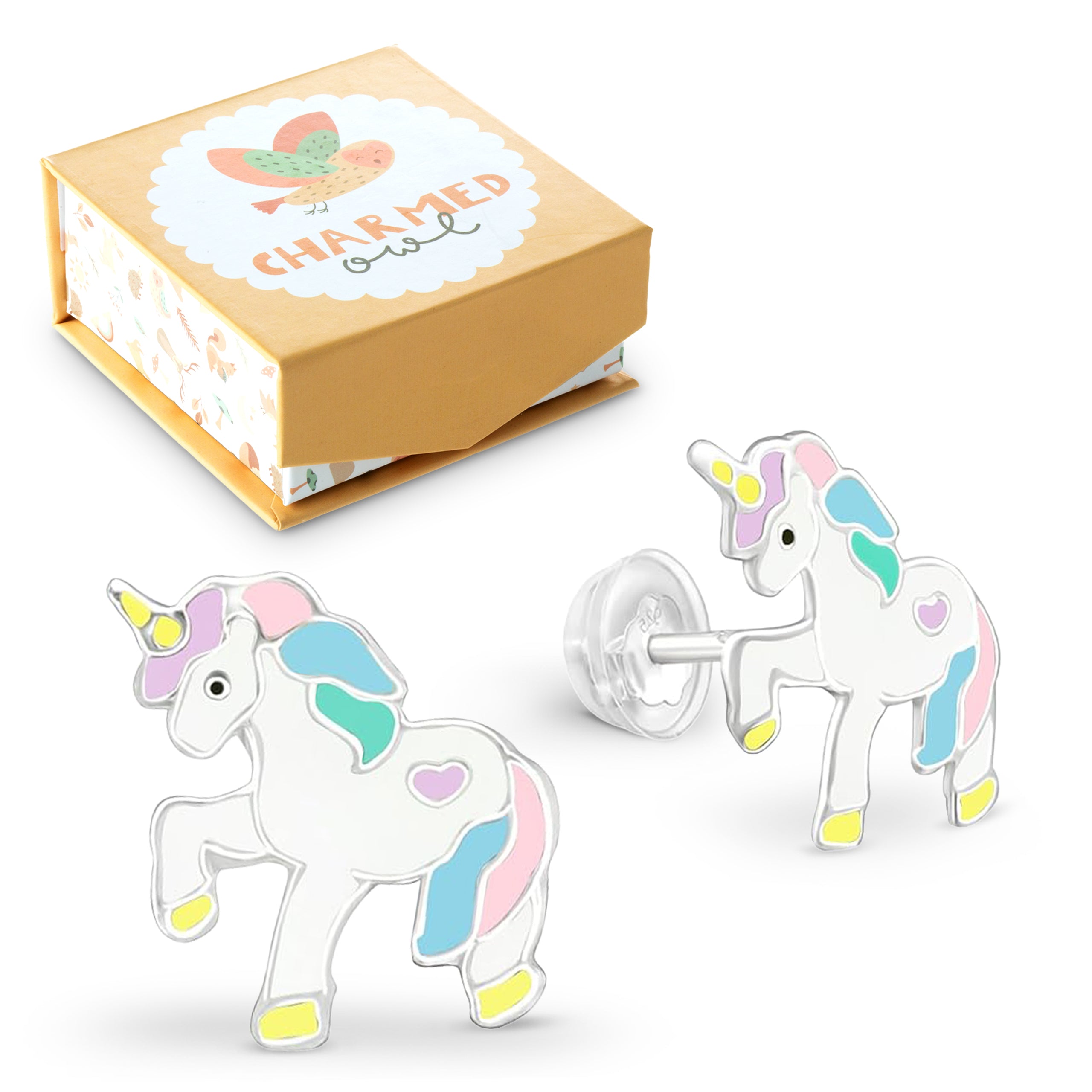 Pastel Rainbow Unicorn Stud Earrings - 925 Sterling Silver