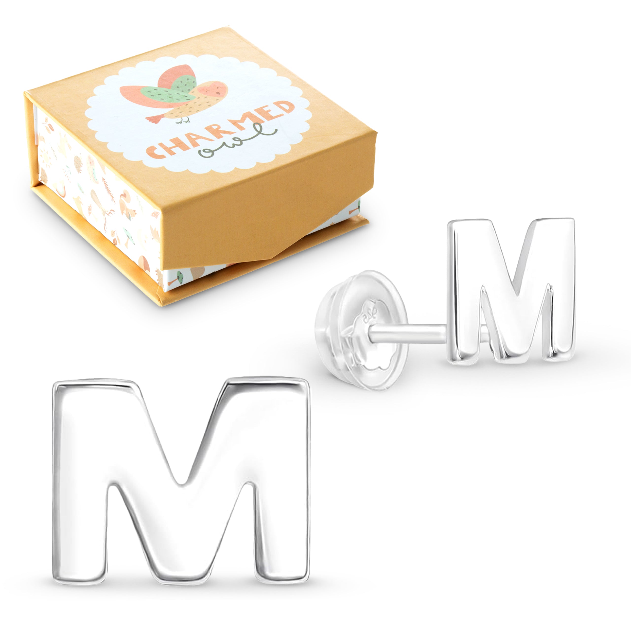 Letter M Initial Stud Earrings - 925 Sterling Silver