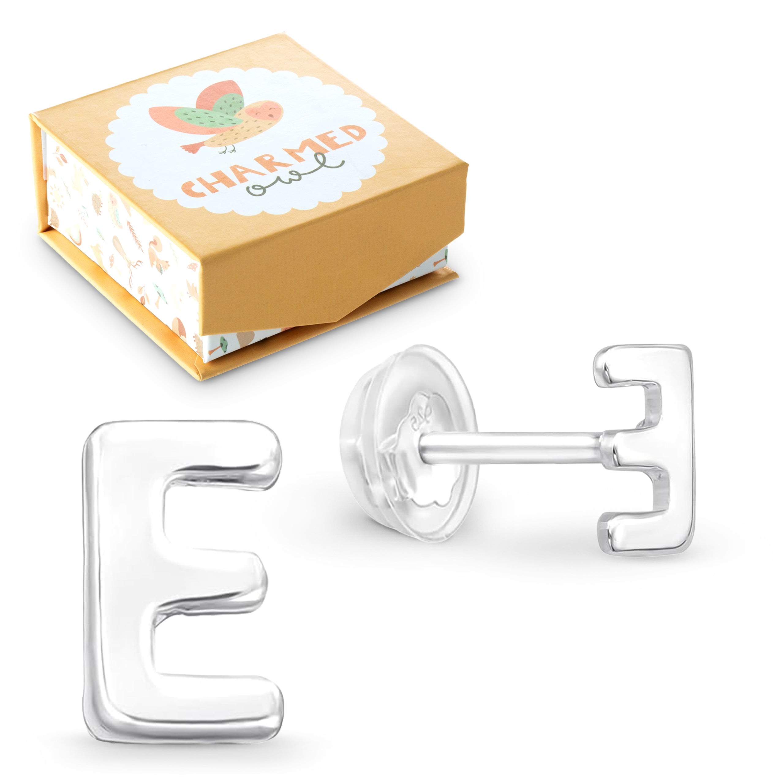 Letter E Initial Stud Earrings - 925 Sterling Silver