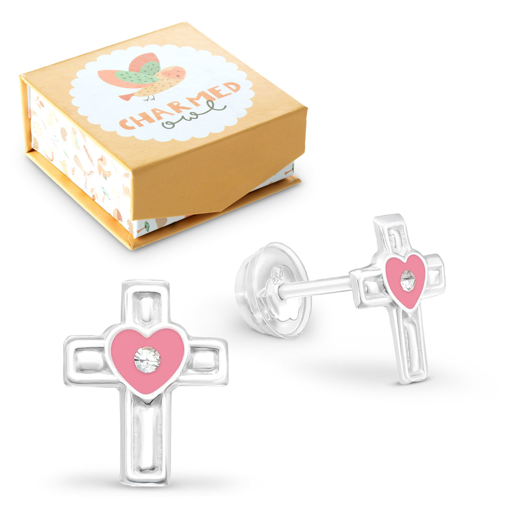 Pink Heart Cross Stud Earrings - 925 Sterling Silver