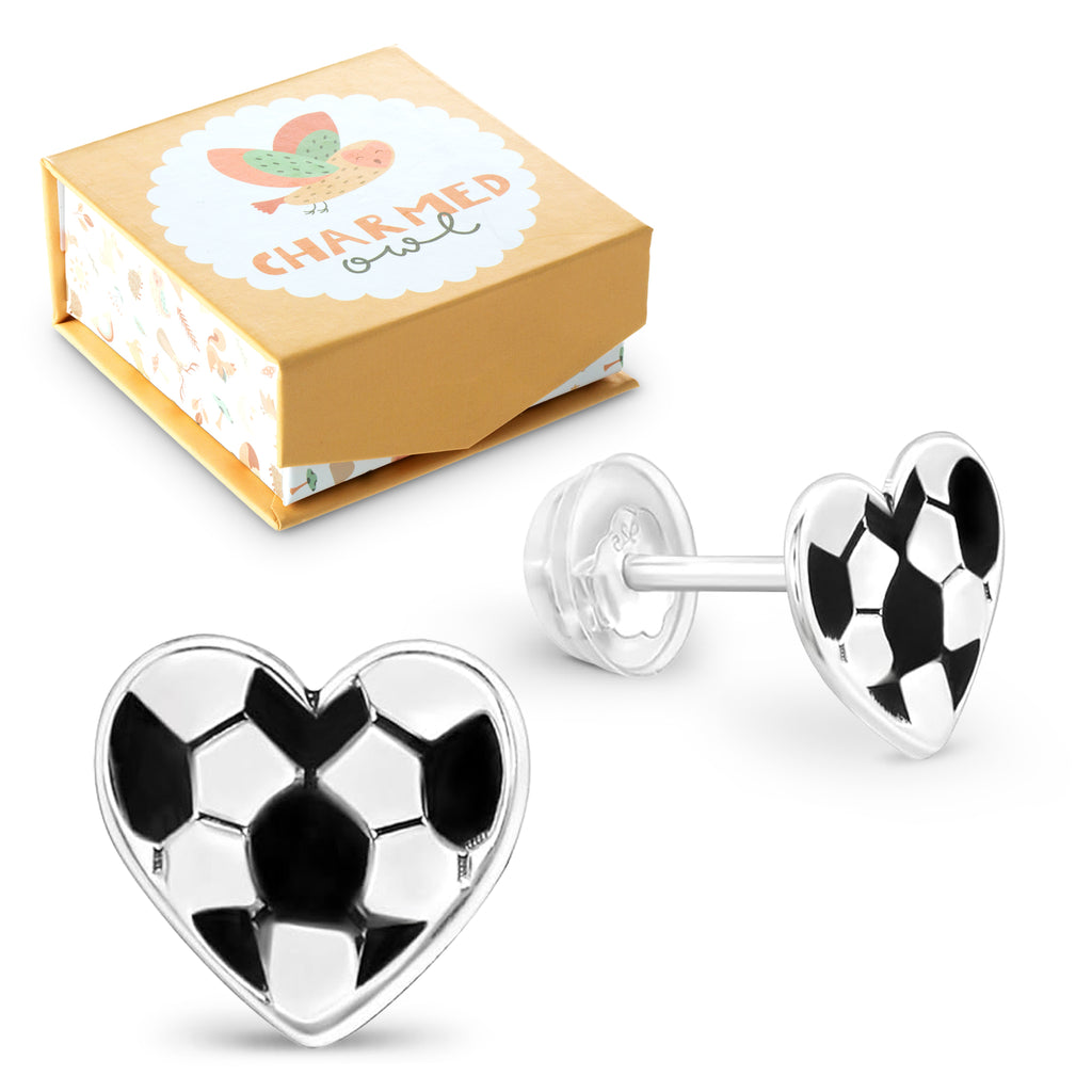 Soccer Hearts Sports Stud Earrings - 925 Sterling Silver