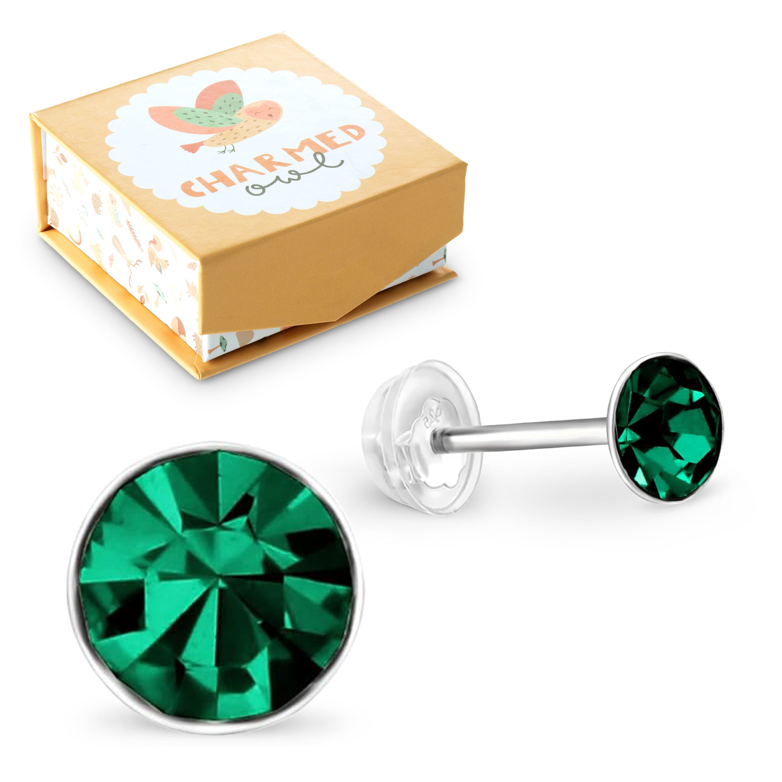 May Emerald Crystal Birthstone Stud Earrings - 925 Sterling Silver