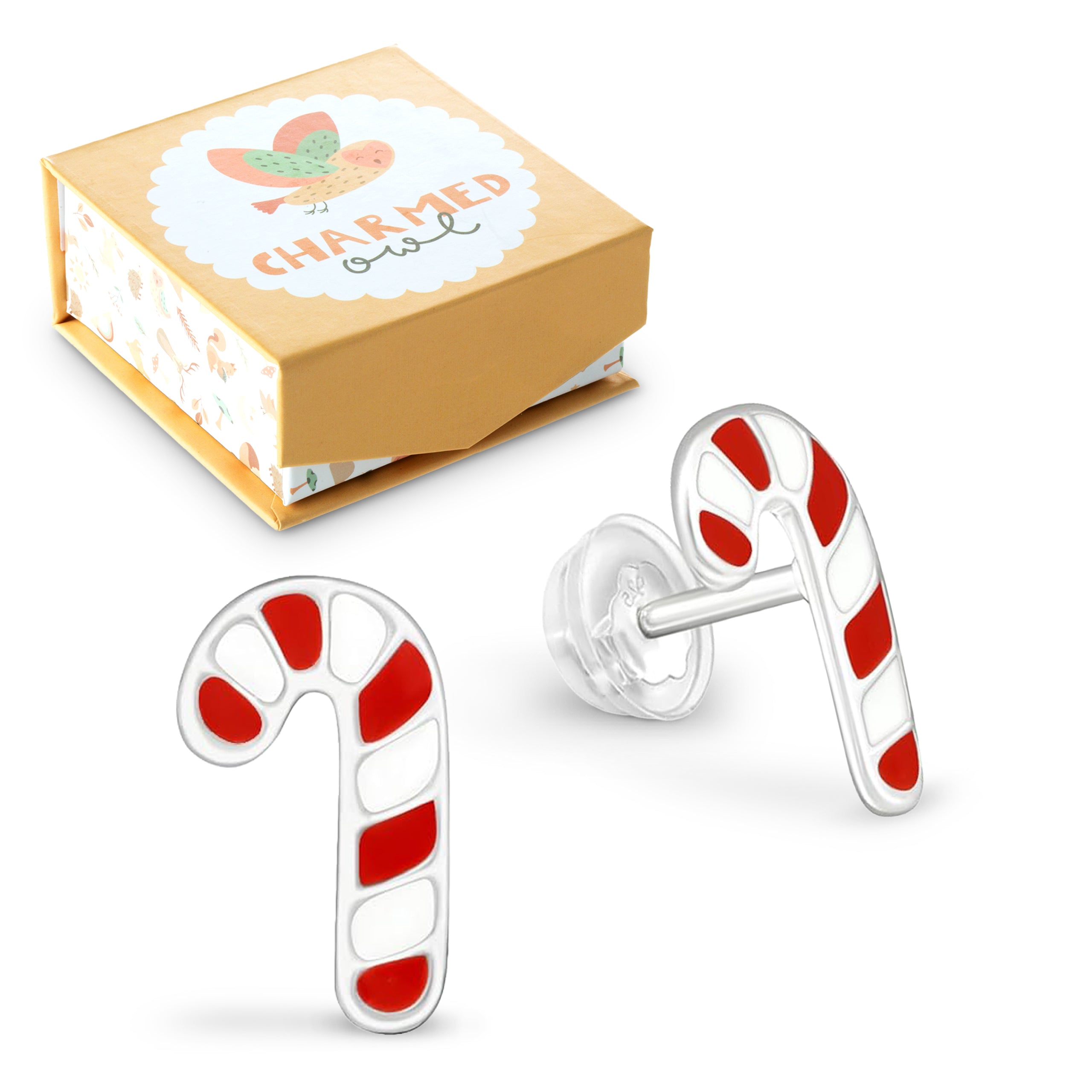 Candy Cane Holiday Stud Earrings - 925 Sterling Silver