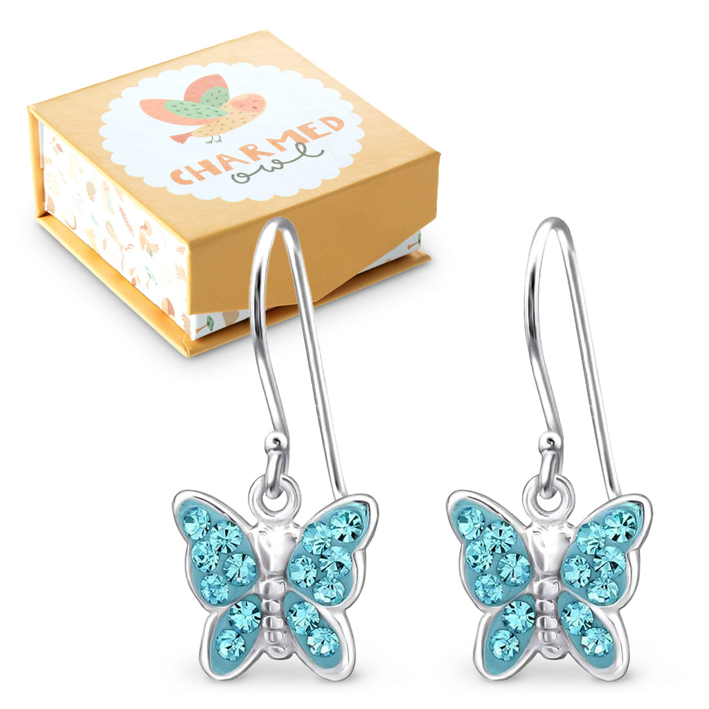 Aqua Crystal Butterfly Children's Dangling Earrings - 925 Sterling Silver