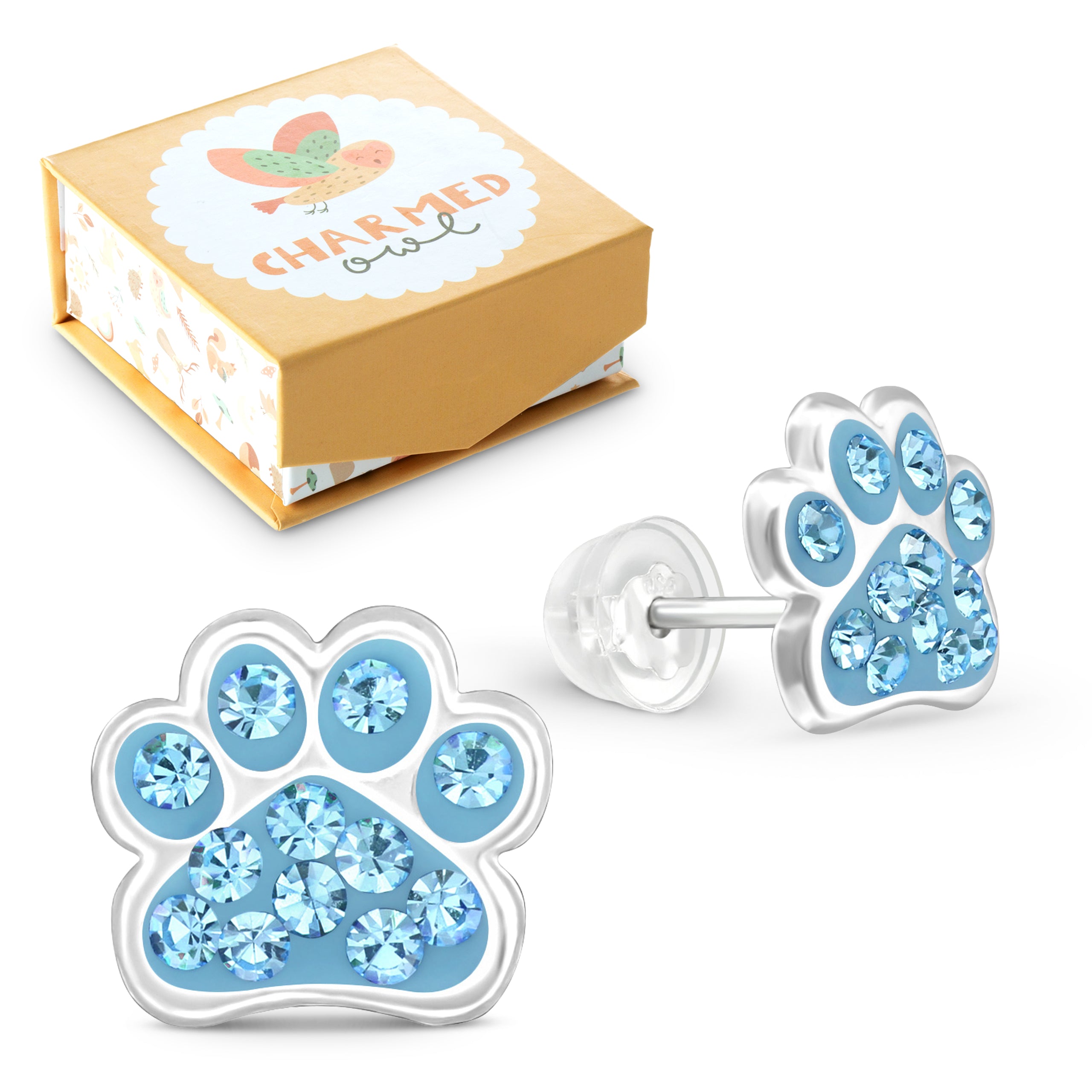 Aqua Blue Paw Dog Stud Earrings - 925 Sterling Silver