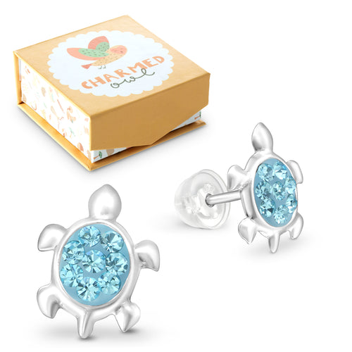 Aqua Crystal Turtle Stud Earrings - 925 Sterling Silver