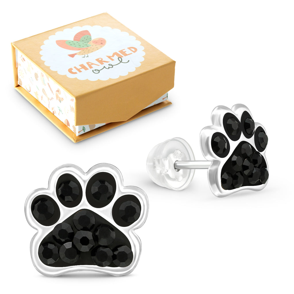 Black Paw Dog Stud Earrings - 925 Sterling Silver