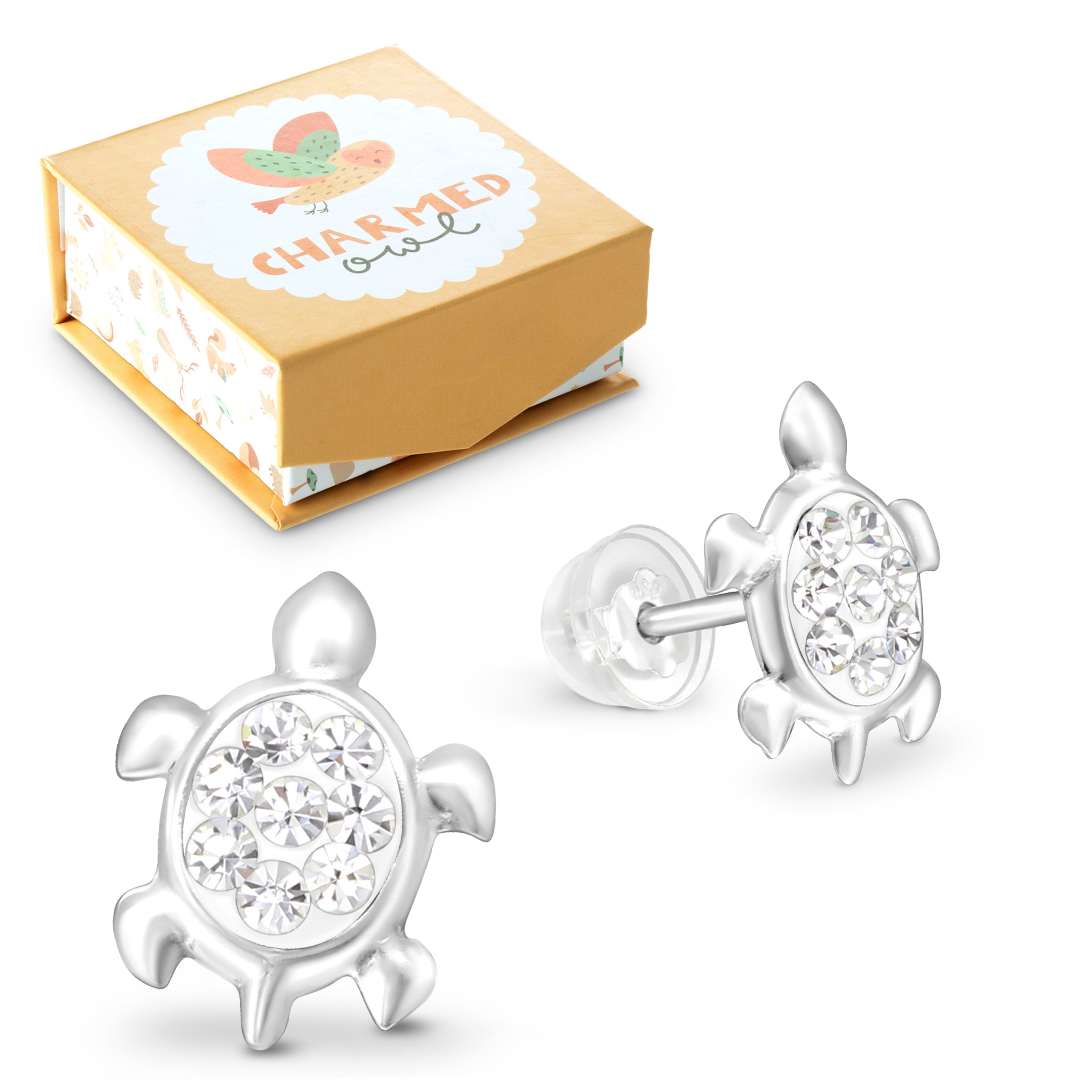 Clear Crystal Turtle Stud Earrings - 925 Sterling Silver