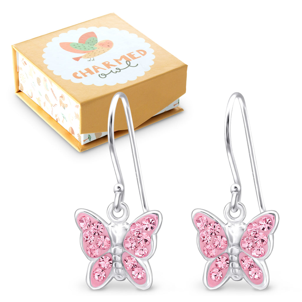 Light Pink Crystal Butterfly Children's Dangling Earrings - 925 Sterling Silver