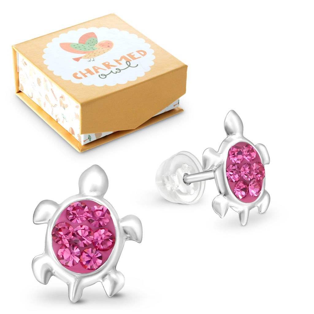 Pink Crystal Turtle Stud Earrings - 925 Sterling Silver