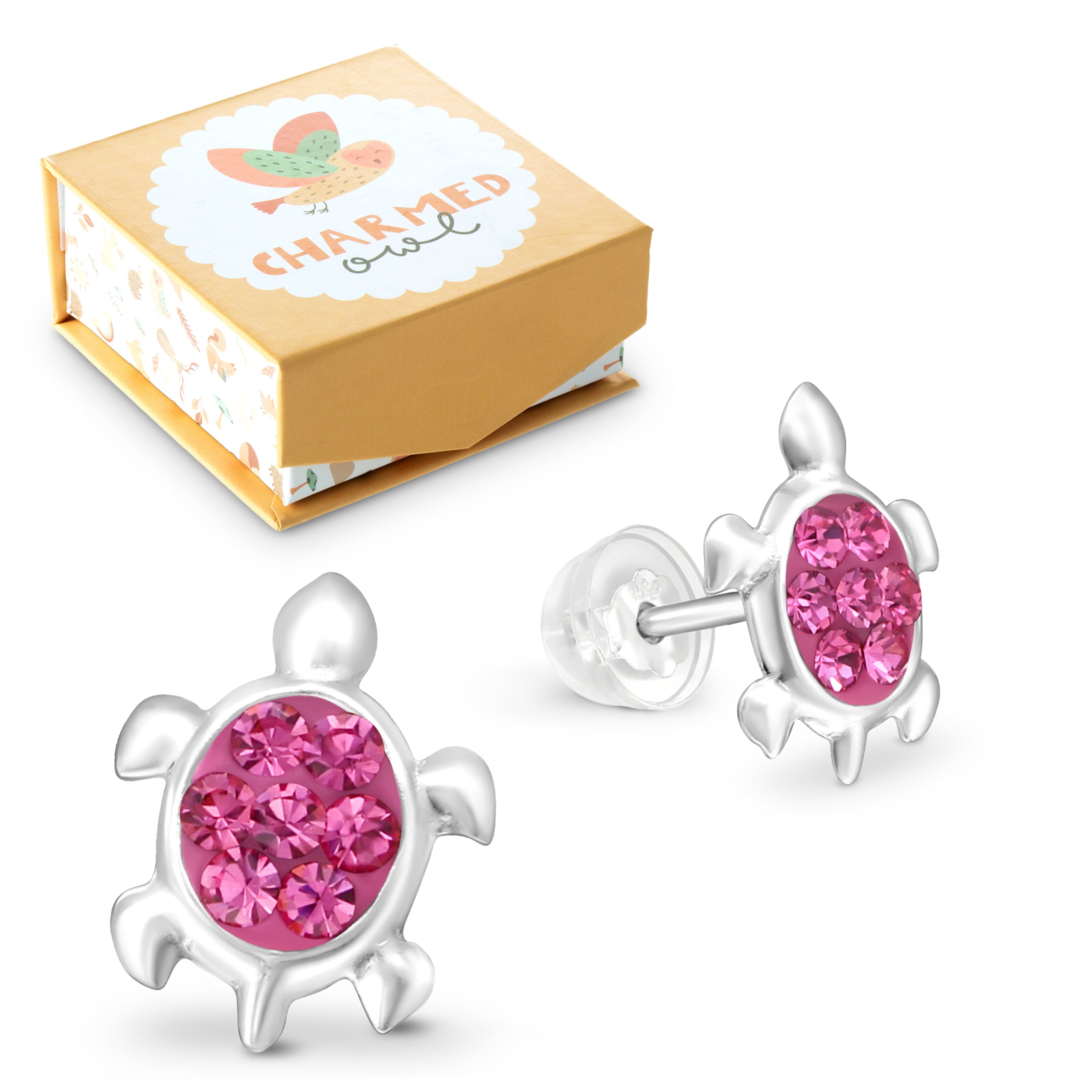 Pink Crystal Turtle Stud Earrings - 925 Sterling Silver