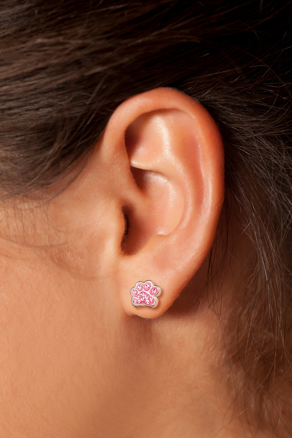 Pink Crystal Dog Paw Stud Earrings - 925 Sterling Silver